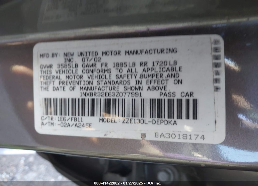 2003 TOYOTA COROLLA CE VIN: 1NXBR32E63Z077991