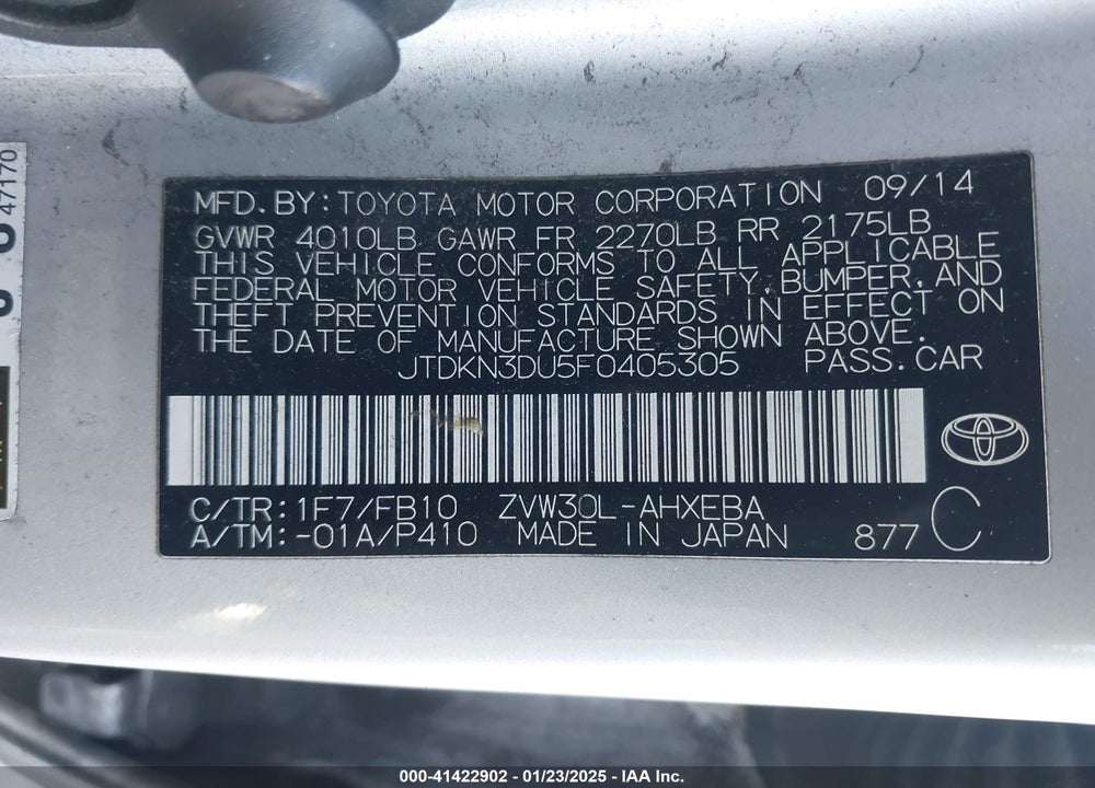 2015 TOYOTA PRIUS VIN: JTDKN3DU5F0405305