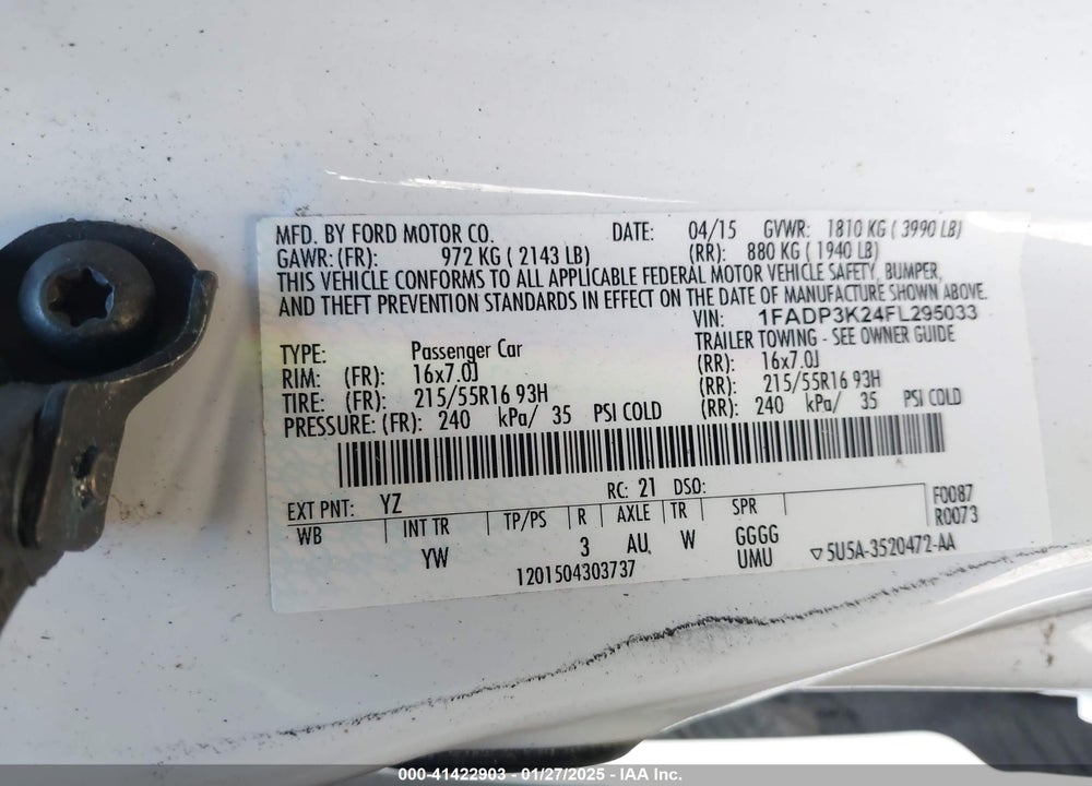 2015 FORD FOCUS SE VIN: 1FADP3K24FL295033