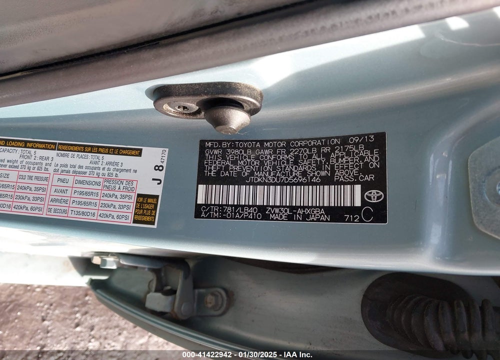 2013 TOYOTA PRIUS VIN: JTDKN3DU7D5696146
