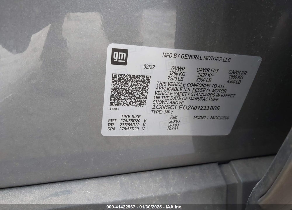 2022 CHEVROLET TAHOE 2WD COMMERCIAL FLEET VIN: 1GNSCLED2NR211806