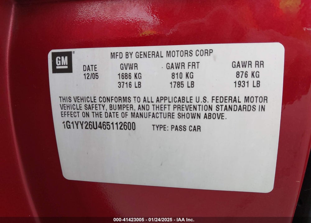 2006 CHEVROLET CORVETTE VIN: 1G1YY26U465112600