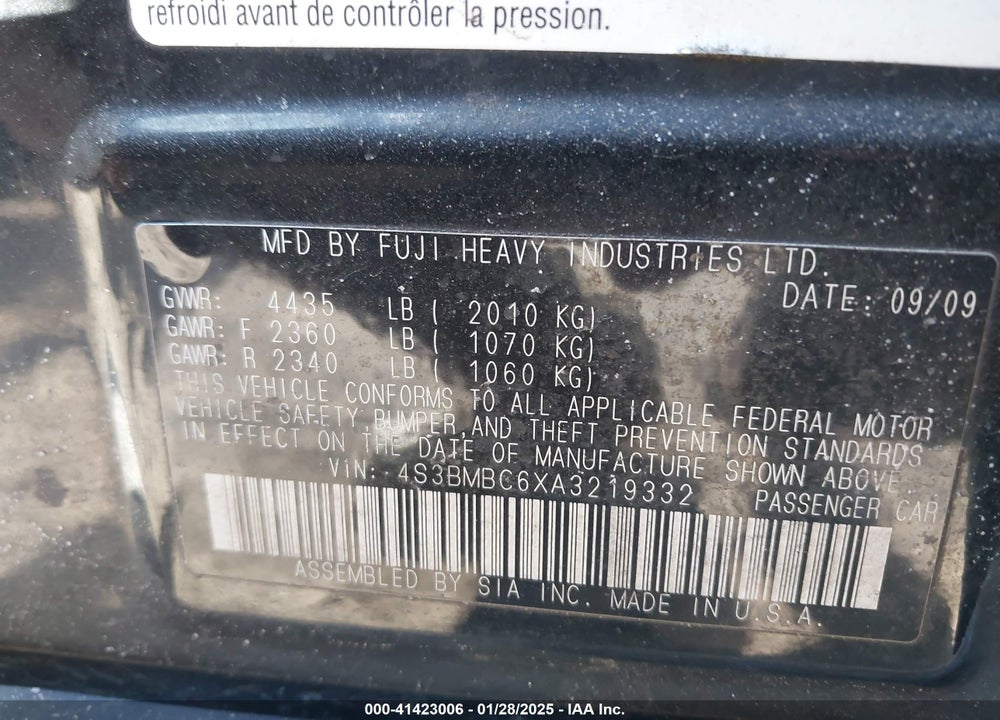 2010 SUBARU LEGACY VIN: 4S3BMBC6XA3219332