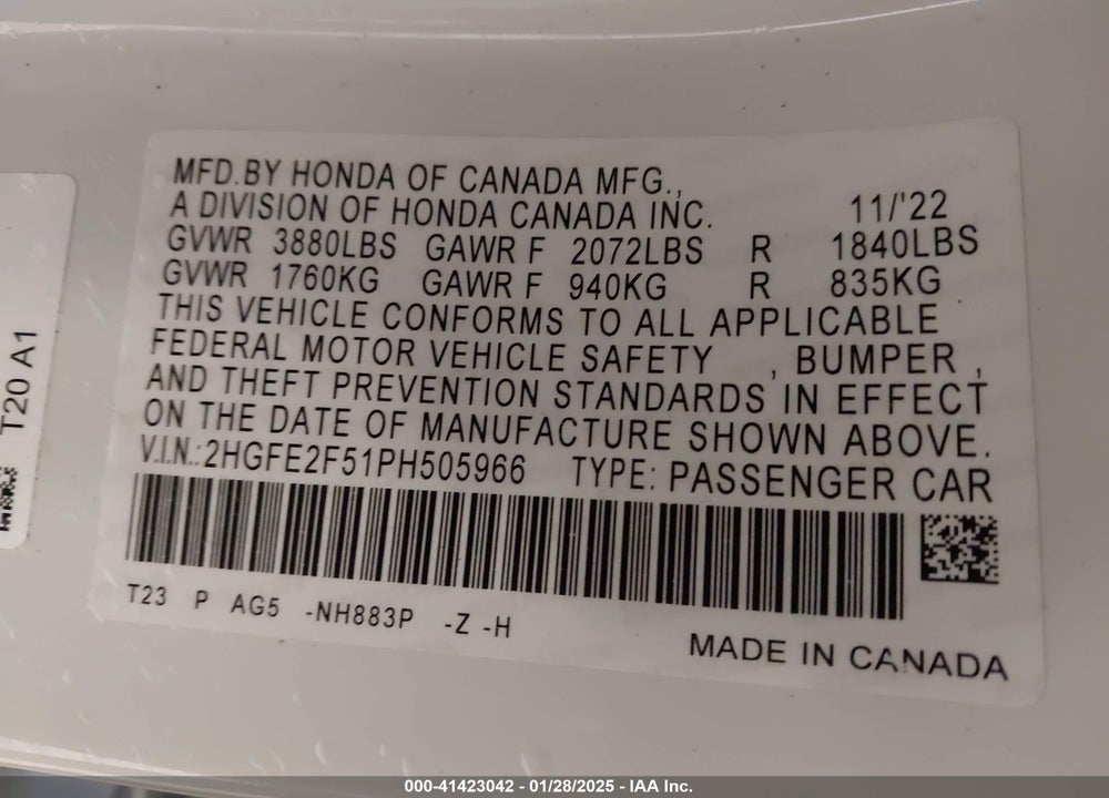 2023 HONDA CIVIC VIN: 2HGFE2F51PH505966
