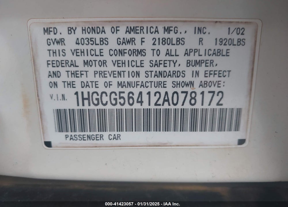 2002 HONDA ACCORD 2.3 LX VIN: 1HGCG56412A078172