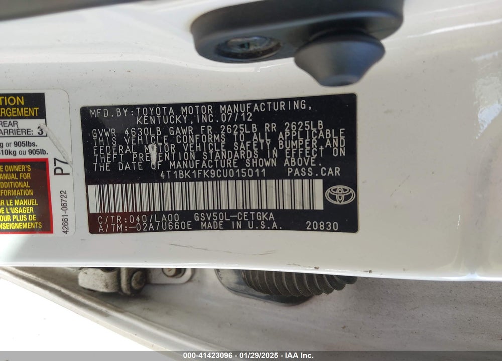 2012 TOYOTA CAMRY VIN: 4T1BK1FK9CU015011