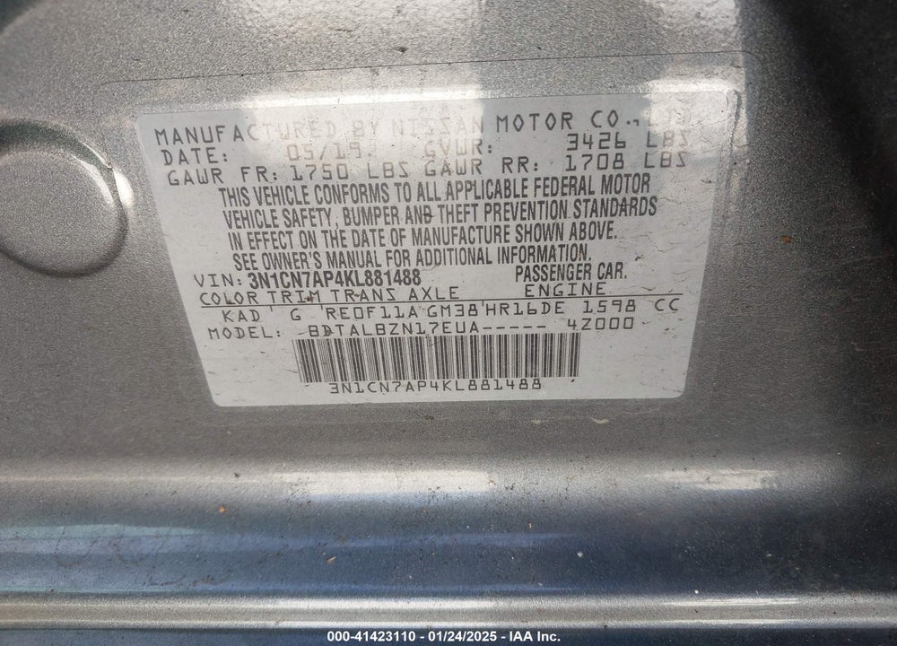 2019 NISSAN VERSA VIN: 3N1CN7AP4KL881488