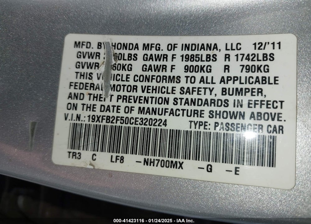 2012 HONDA CIVIC VIN: 19XFB2F50CE320224