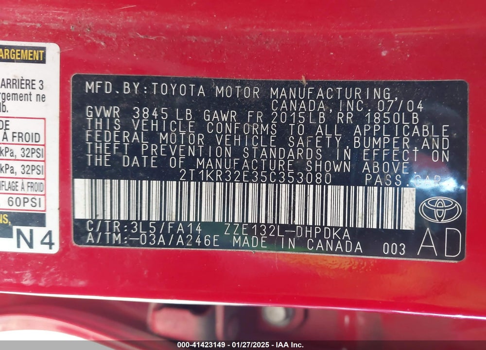 2005 TOYOTA MATRIX VIN: 2T1KR32E35C353080