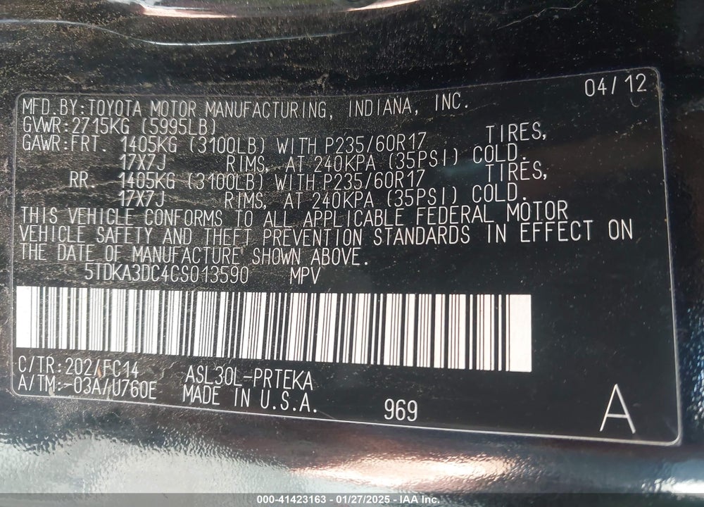 2012 TOYOTA SIENNA VIN: 5TDKA3DC4CS013590