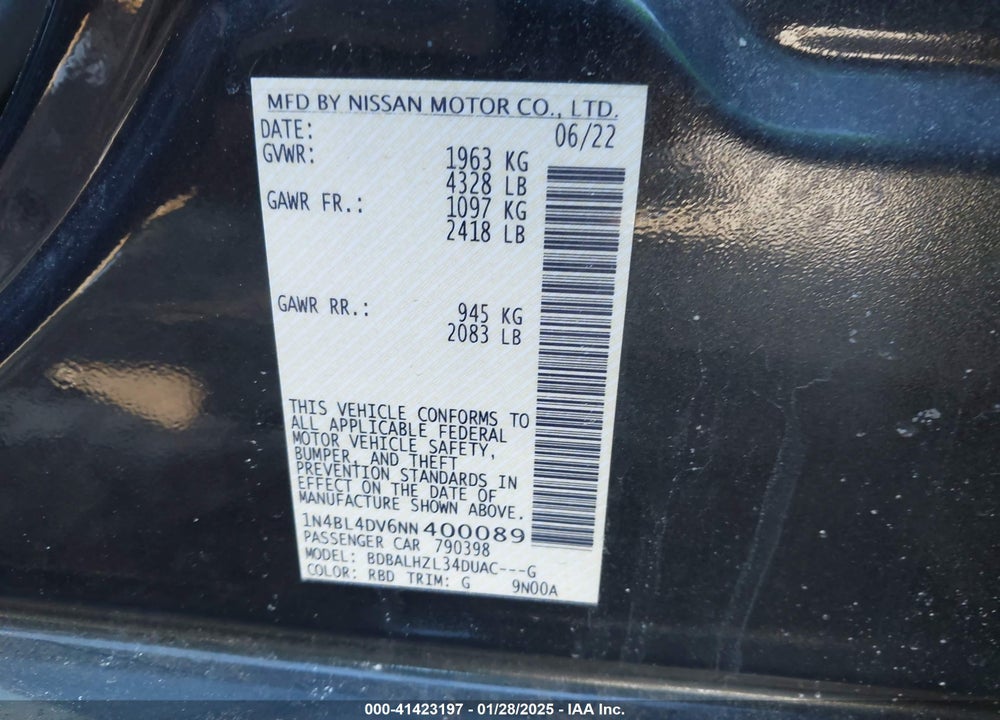 2022 NISSAN ALTIMA VIN: 1N4BL4DV6NN400089