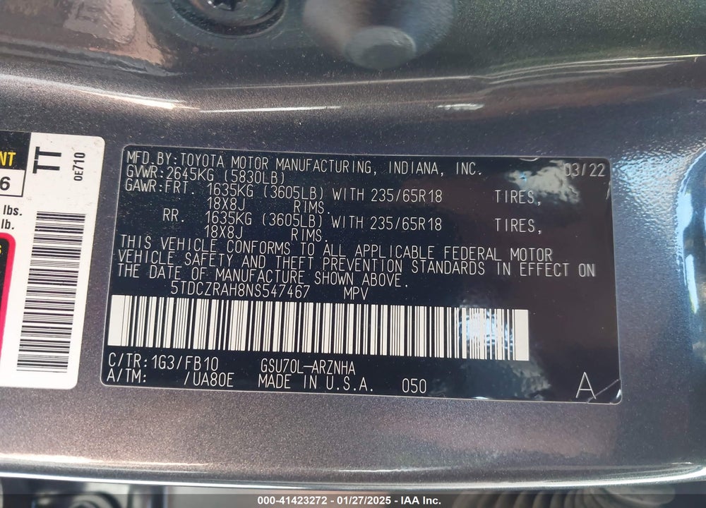 2022 TOYOTA HIGHLANDER L VIN: 5TDCZRAH8NS547467