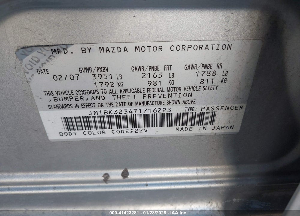 2007 MAZDA 3 S GRAND TOURING VIN: JM1BK323471716223