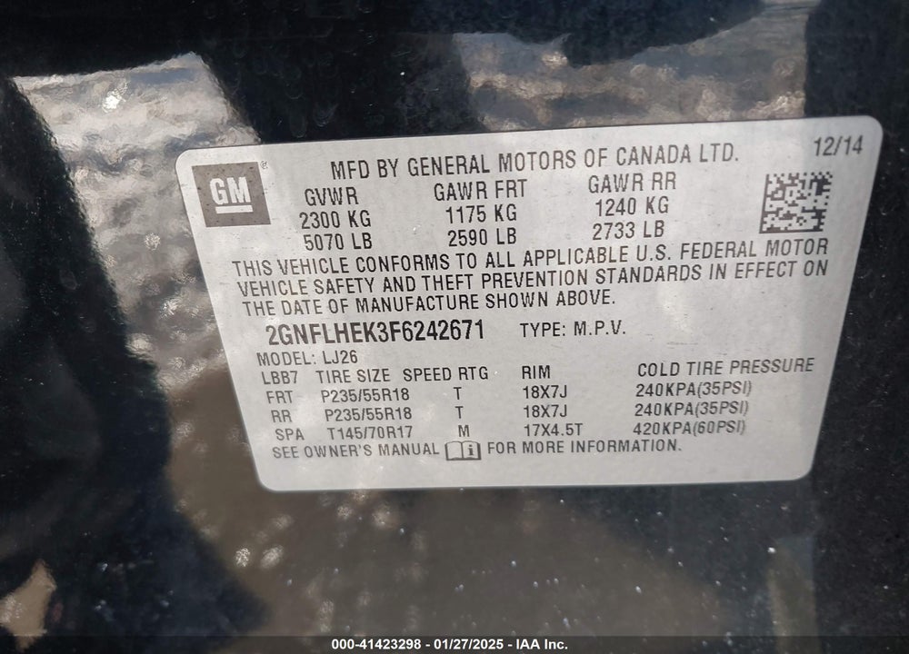 2015 CHEVROLET EQUINOX LTZ VIN: 2GNFLHEK3F6242671