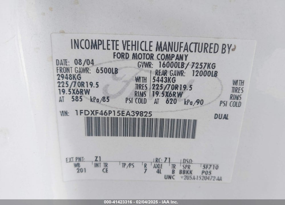2005 FORD F-450 XL/XLT VIN: 1FDXF46P15EA39825