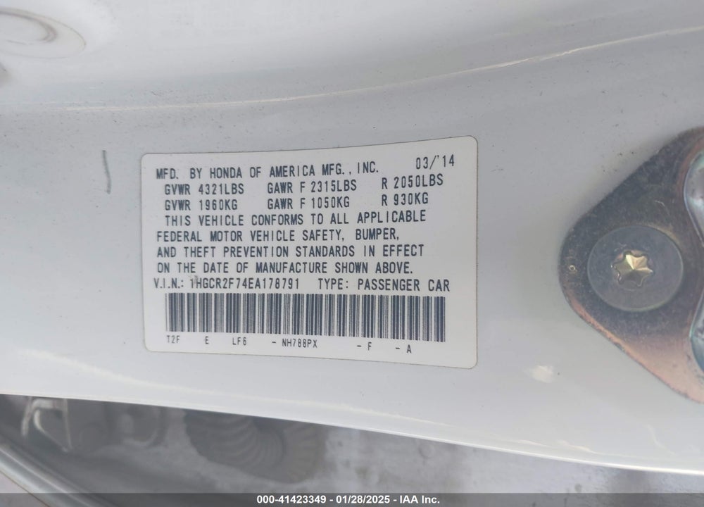 2014 HONDA ACCORD EX VIN: 1HGCR2F74EA178791