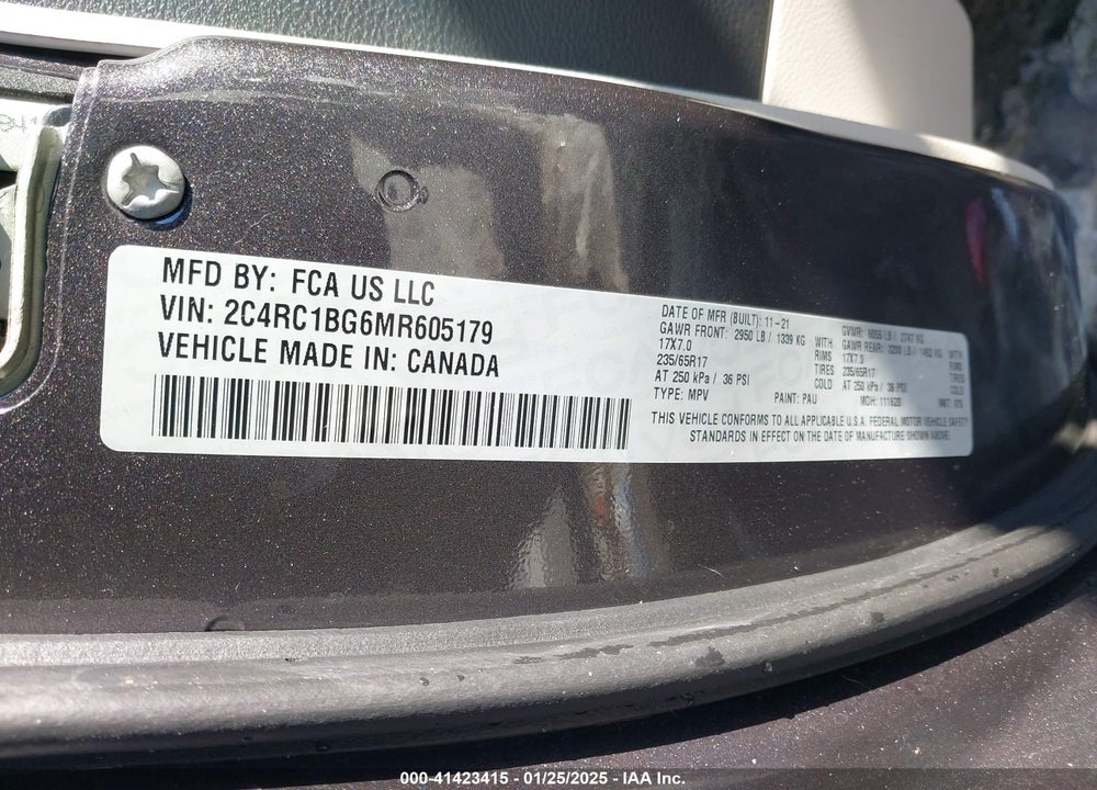 2021 CHRYSLER PACIFICA TOURING L VIN: 2C4RC1BG6MR605179