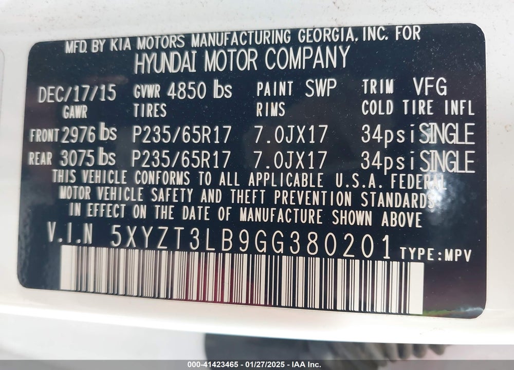 2016 HYUNDAI SANTA FE SPORT 2.4L VIN: 5XYZT3LB9GG380201