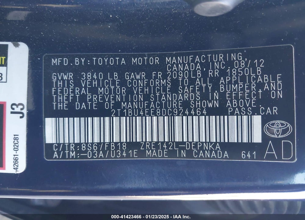 2013 TOYOTA COROLLA VIN: 2T1BU4EE8DC924464