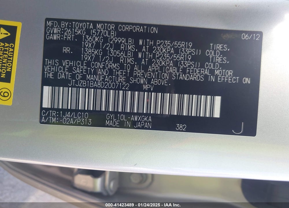 2013 LEXUS RX 450H VIN: JTJZB1BA8D2007122