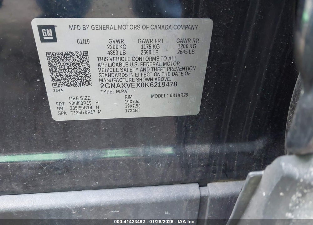 2019 CHEVROLET EQUINOX VIN: 2GNAXVEX0K6219478