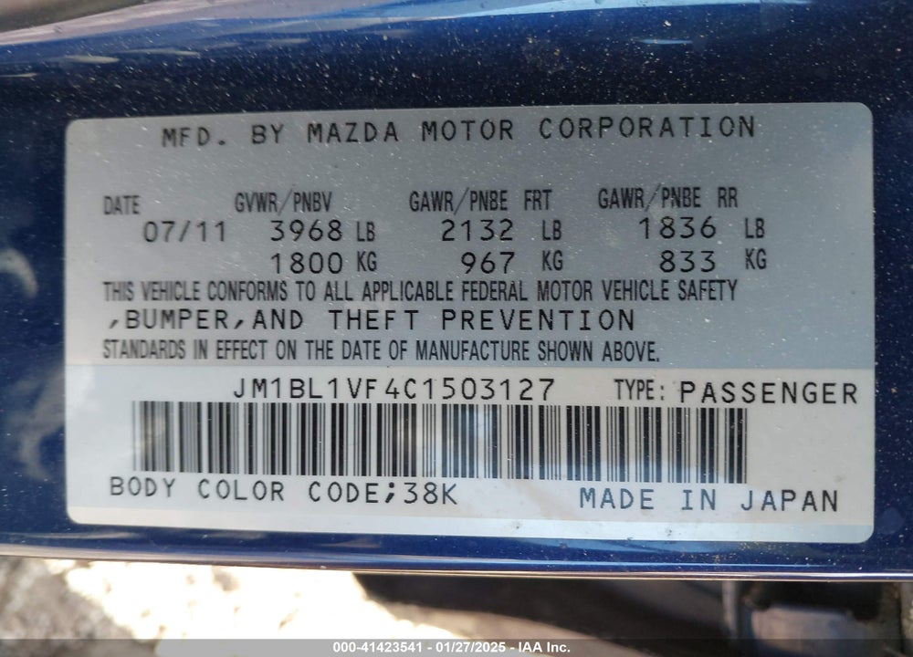 2012 MAZDA 3 I TOURING VIN: JM1BL1VF4C1503127