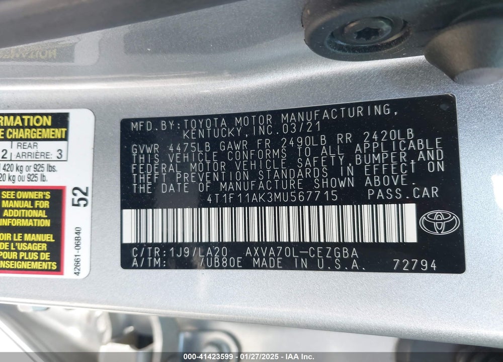2021 TOYOTA CAMRY VIN: 4T1F11AK3MU567715