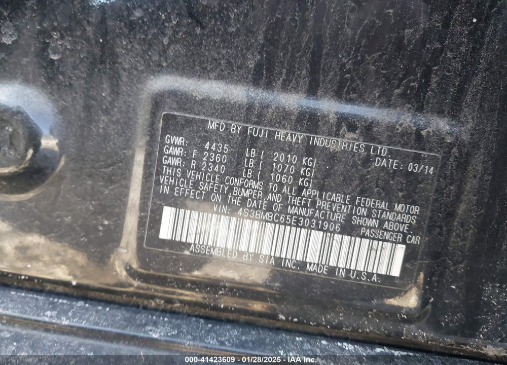2014 SUBARU LEGACY 2.5I PREMIUM VIN: 4S3BMBC65E3031906