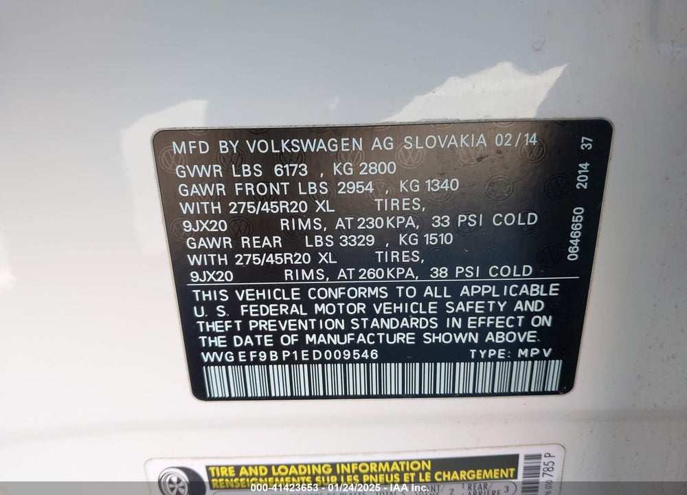 2014 VOLKSWAGEN TOUAREG 3.6L EXECUTIVE VIN: WVGEF9BP1ED009546