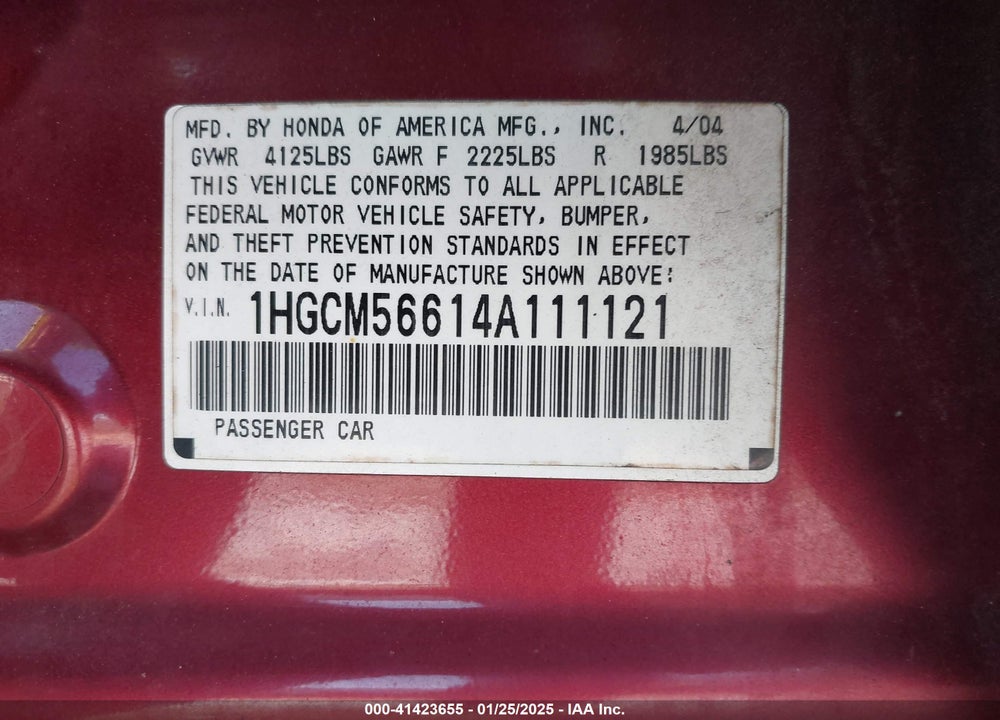 2004 HONDA ACCORD 2.4 EX VIN: 1HGCM56614A111121