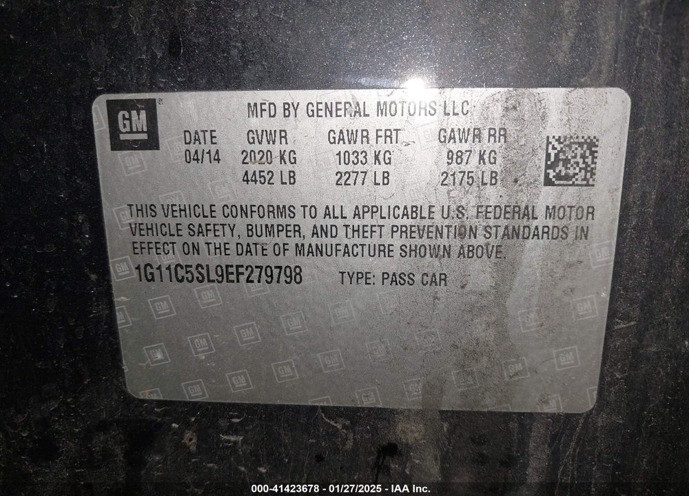 2014 CHEVROLET MALIBU VIN: 1G11C5SL9EF279798
