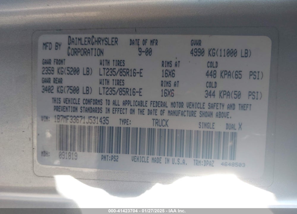 2001 DODGE RAM 3500 ST VIN: 1B7MF33671J531435