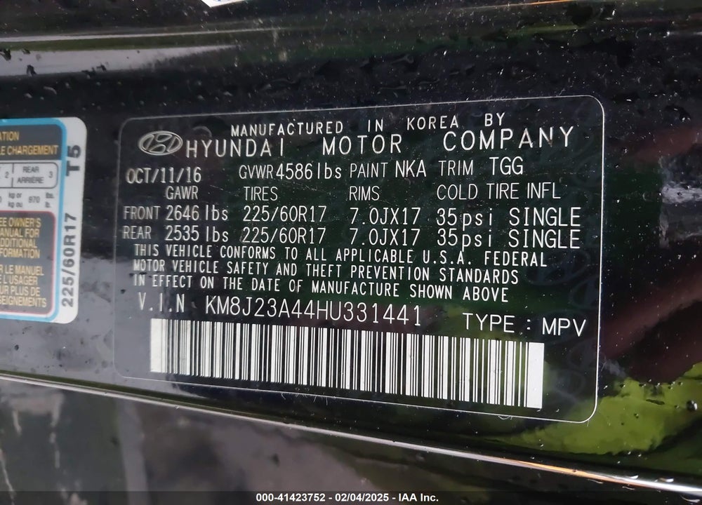2017 HYUNDAI TUCSON SE VIN: KM8J23A44HU331441