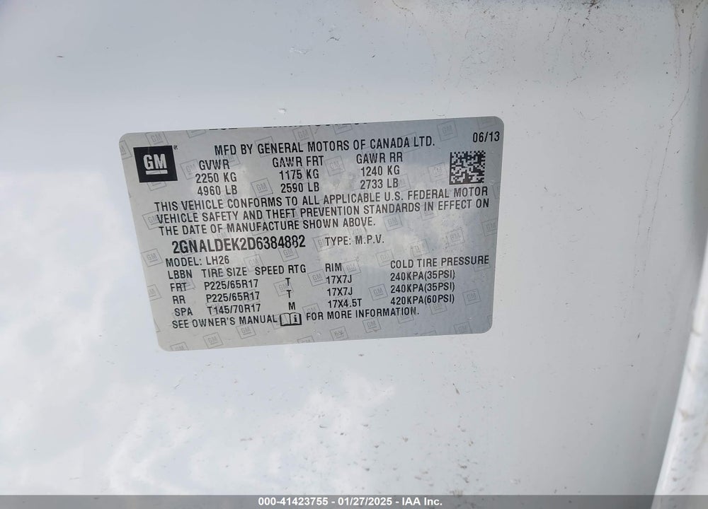 2013 CHEVROLET EQUINOX 1LT VIN: 2GNALDEK2D6384882