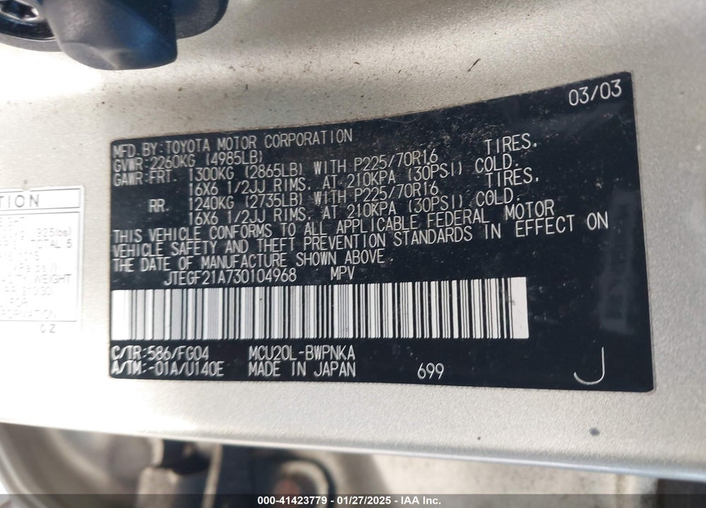 2003 TOYOTA HIGHLANDER V6 VIN: JTEGF21A730104968