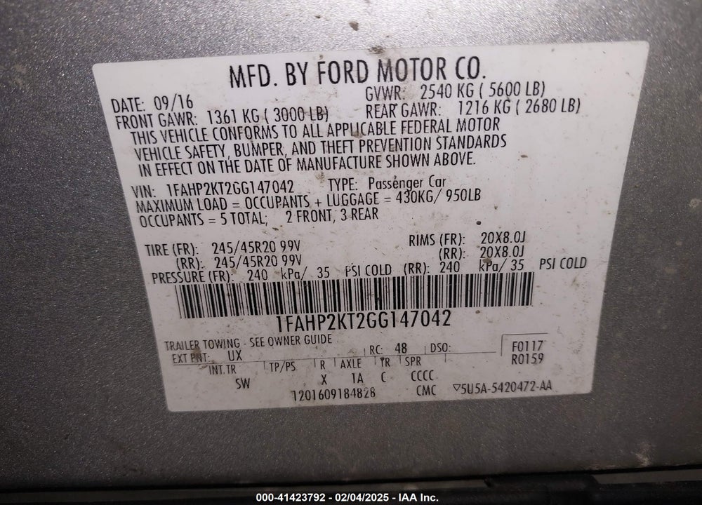2016 FORD TAURUS VIN: 1FAHP2KT2GG147042
