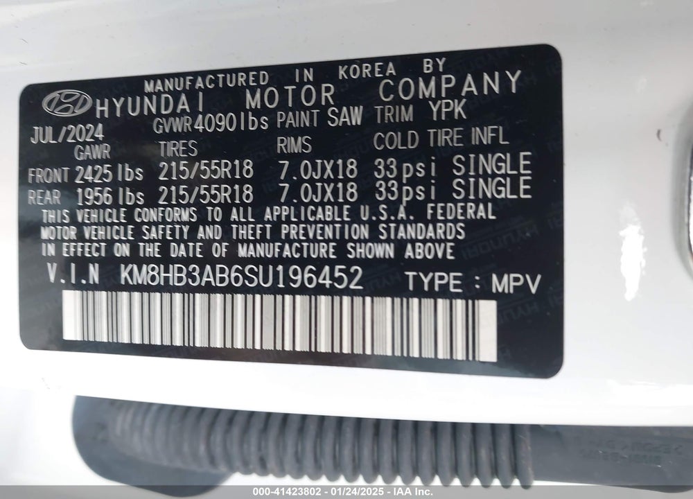 2025 HYUNDAI KONA SEL VIN: KM8HB3AB6SU196452