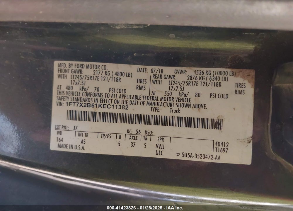 2019 FORD F-250 VIN: 1FT7X2B61KEC11382