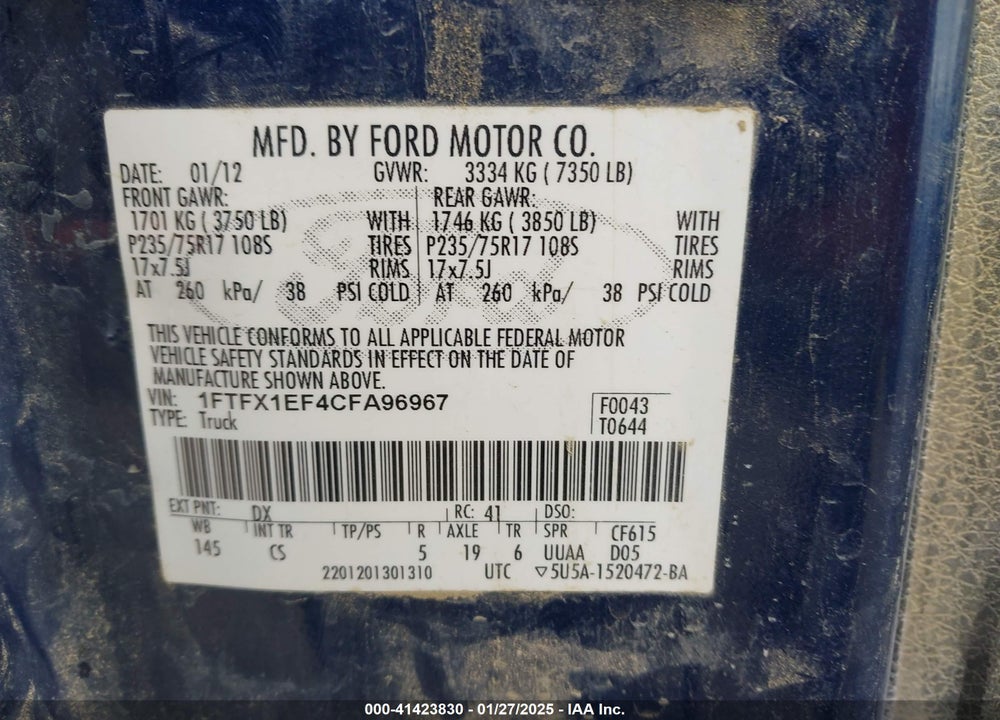 2012 FORD F-150 VIN: 1FTFX1EF4CFA96967