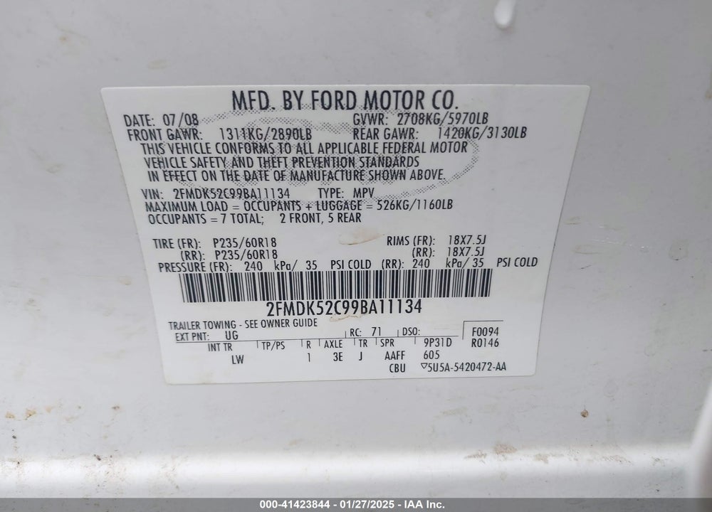 2009 FORD FLEX SEL VIN: 2FMDK52C99BA11134