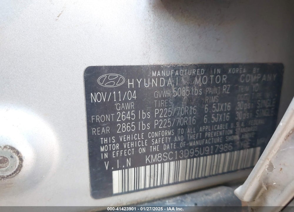2005 HYUNDAI SANTA FE GLS VIN: KM8SC13D95U917986