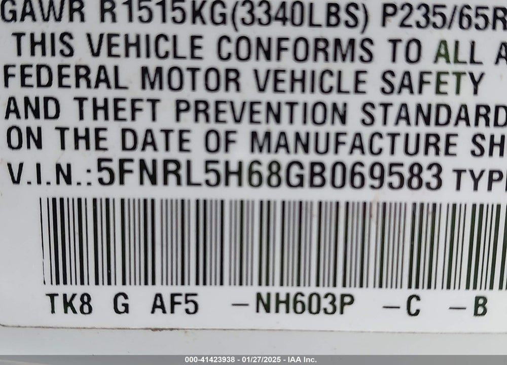 2016 HONDA ODYSSEY VIN: 5FNRL5H68GB069583