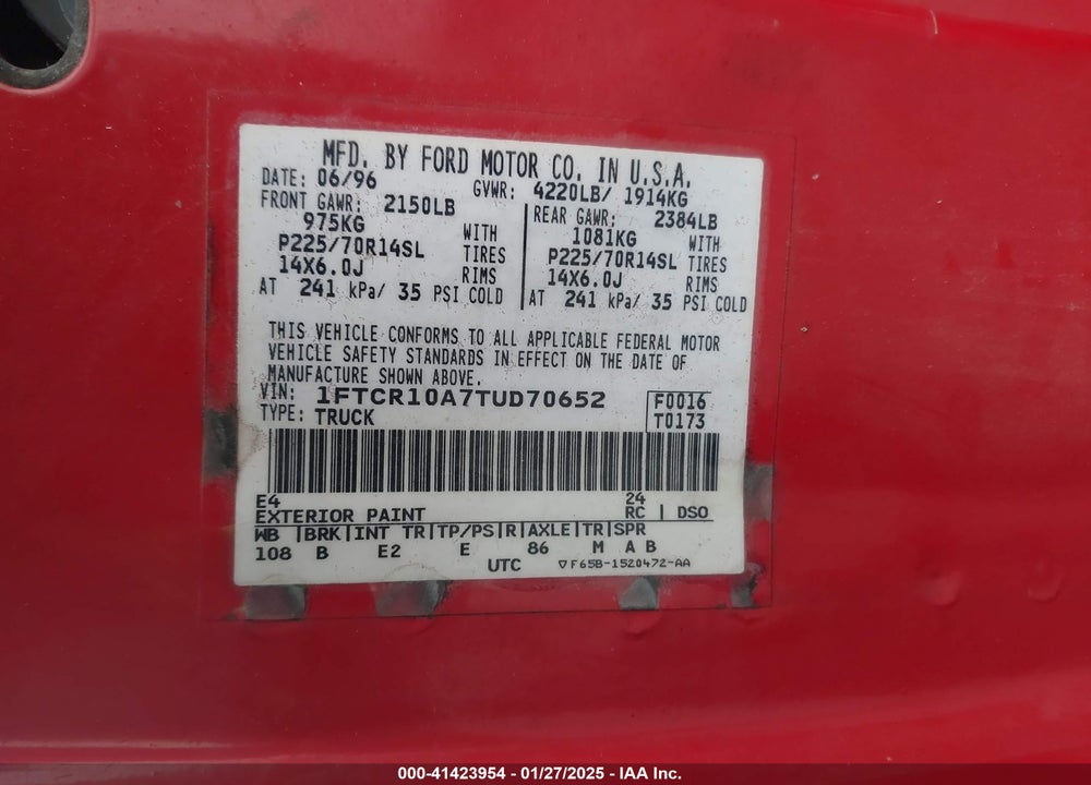 1996 FORD RANGER VIN: 1FTCR10A7TUD70652