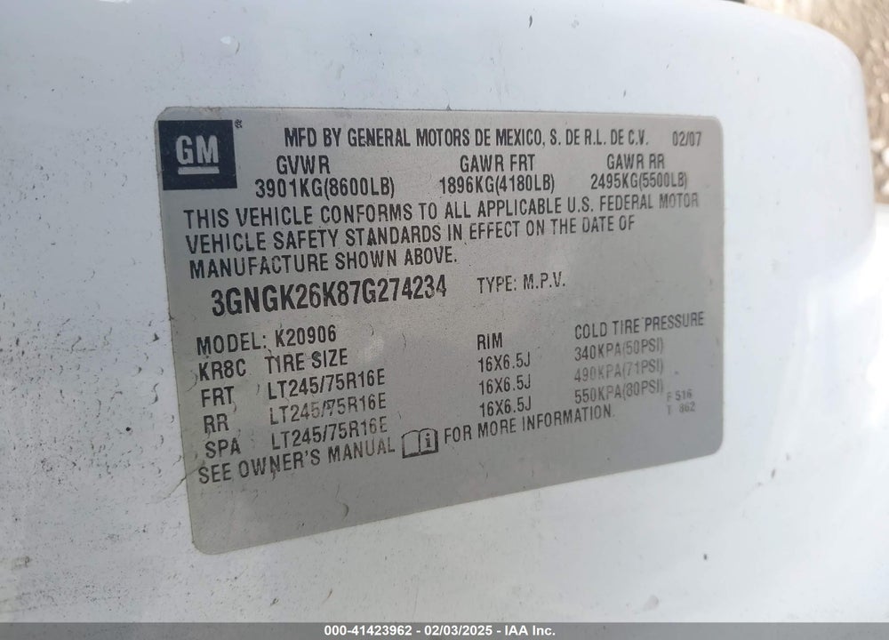 2007 CHEVROLET SUBURBAN 2500 COMMERCIAL FLEET VIN: 3GNGK26K87G274234