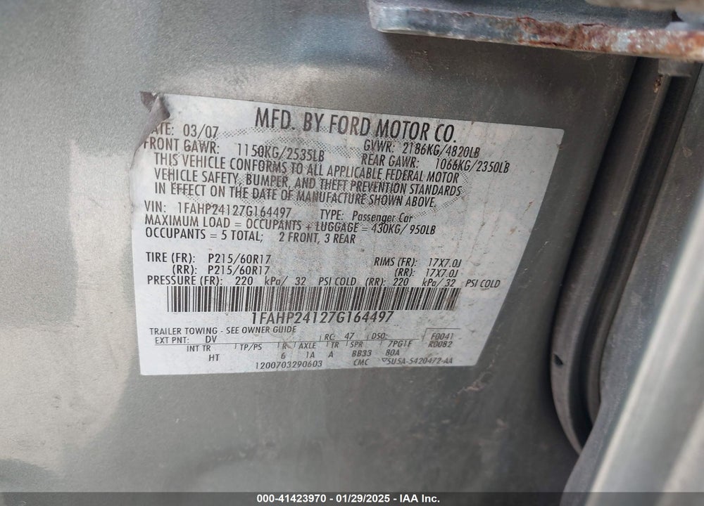 2007 FORD FIVE HUNDRED VIN: 1FAHP24127G164497