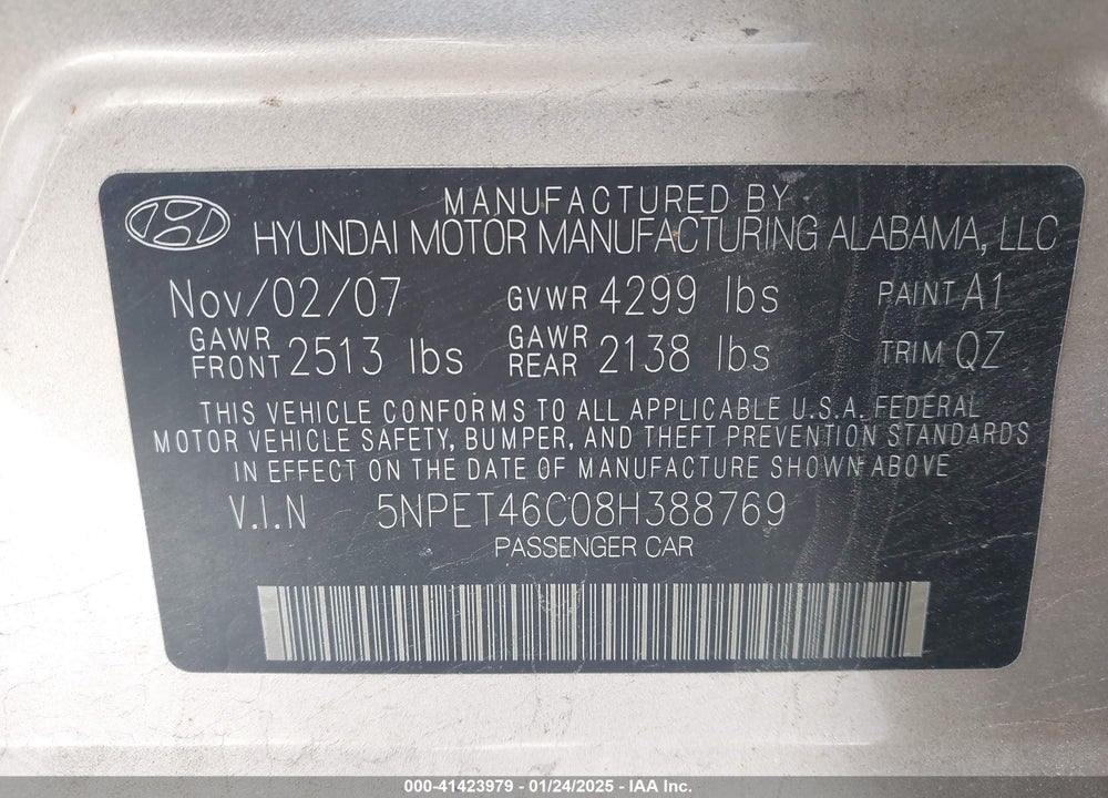 2008 HYUNDAI SONATA VIN: 5NPET46C08H388769