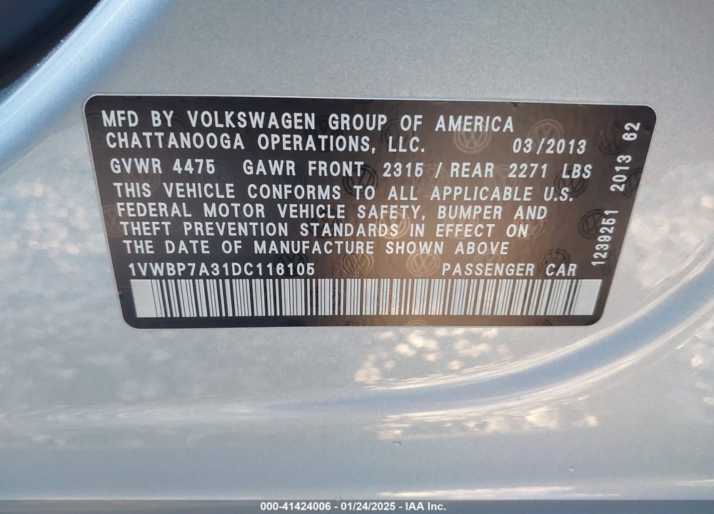2013 VOLKSWAGEN PASSAT VIN: 1VWBP7A31DC116105