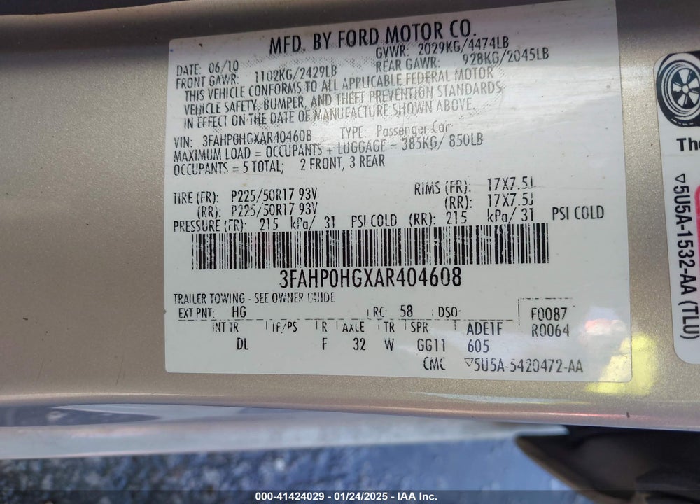 2010 FORD FUSION VIN: 3FAHP0HGXAR404608