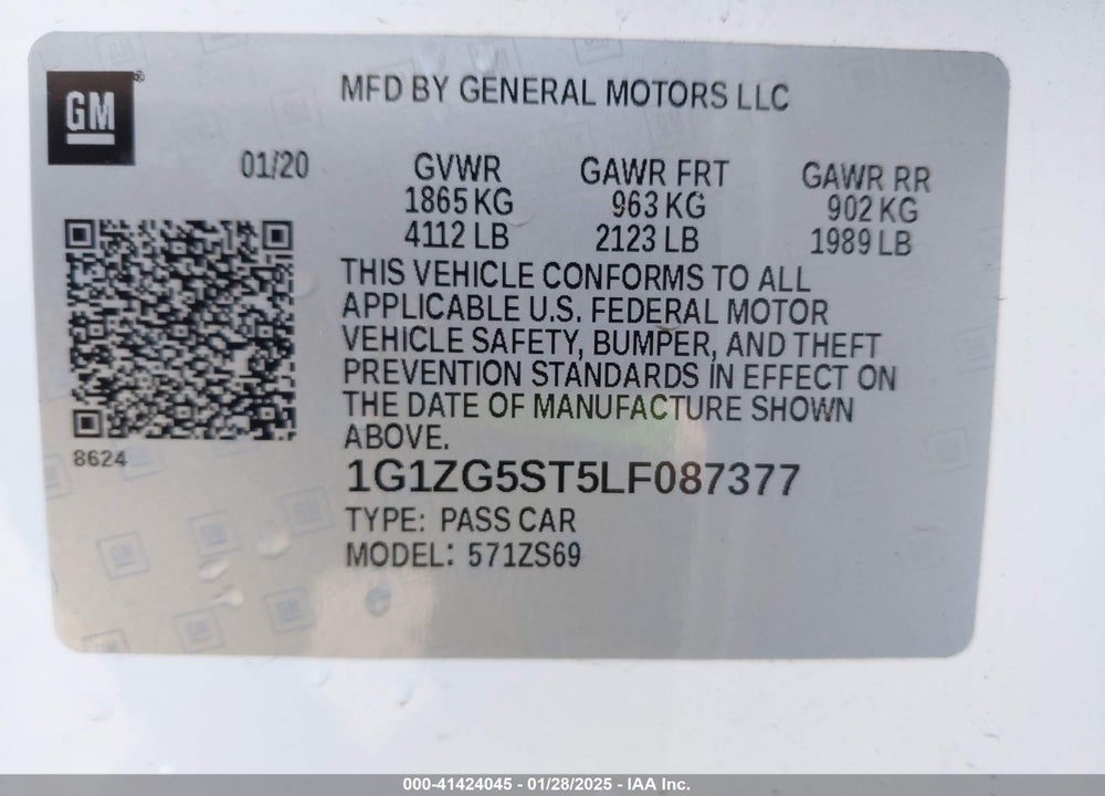 2020 CHEVROLET MALIBU VIN: 1G1ZG5ST5LF087377