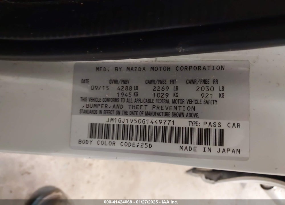 2016 MAZDA 6 VIN: JM1GJ1V50G1449771